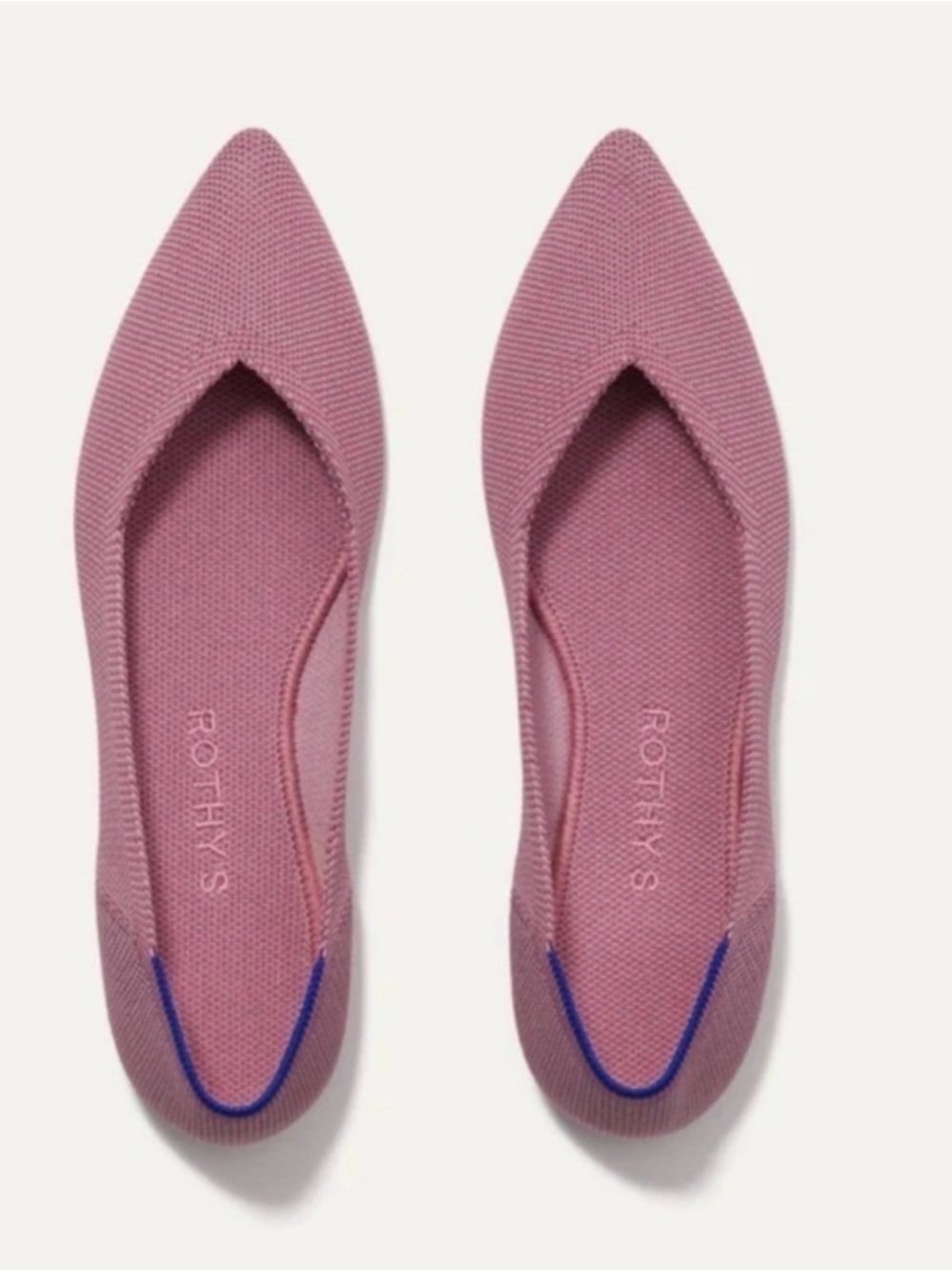 Rothy's Rosebud Pointed-Toe Knit Flats with Blue Trim - Size 9.5